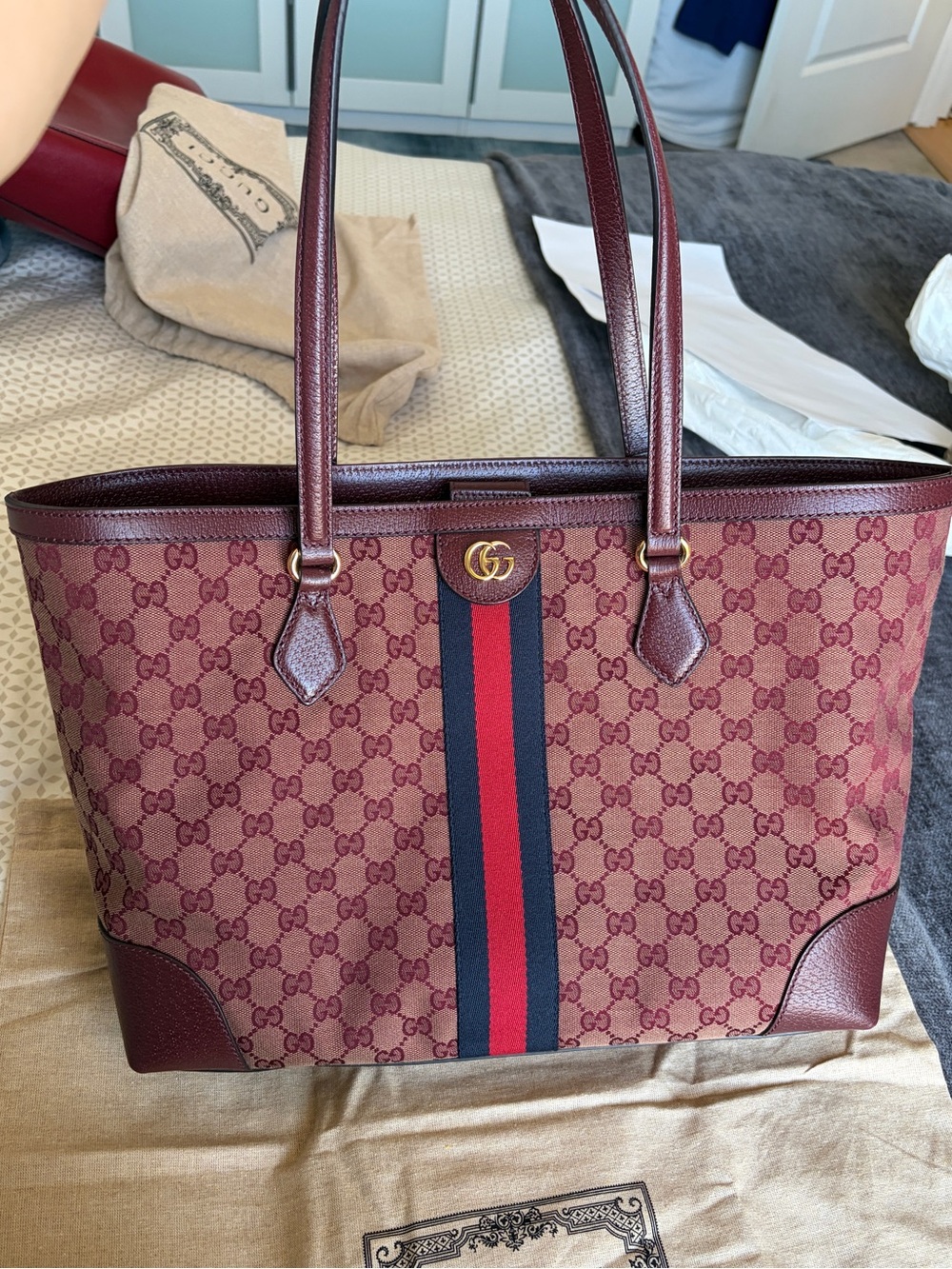 Gucci Red-Burgundy Navy Ophidia Canvas Tote EUC